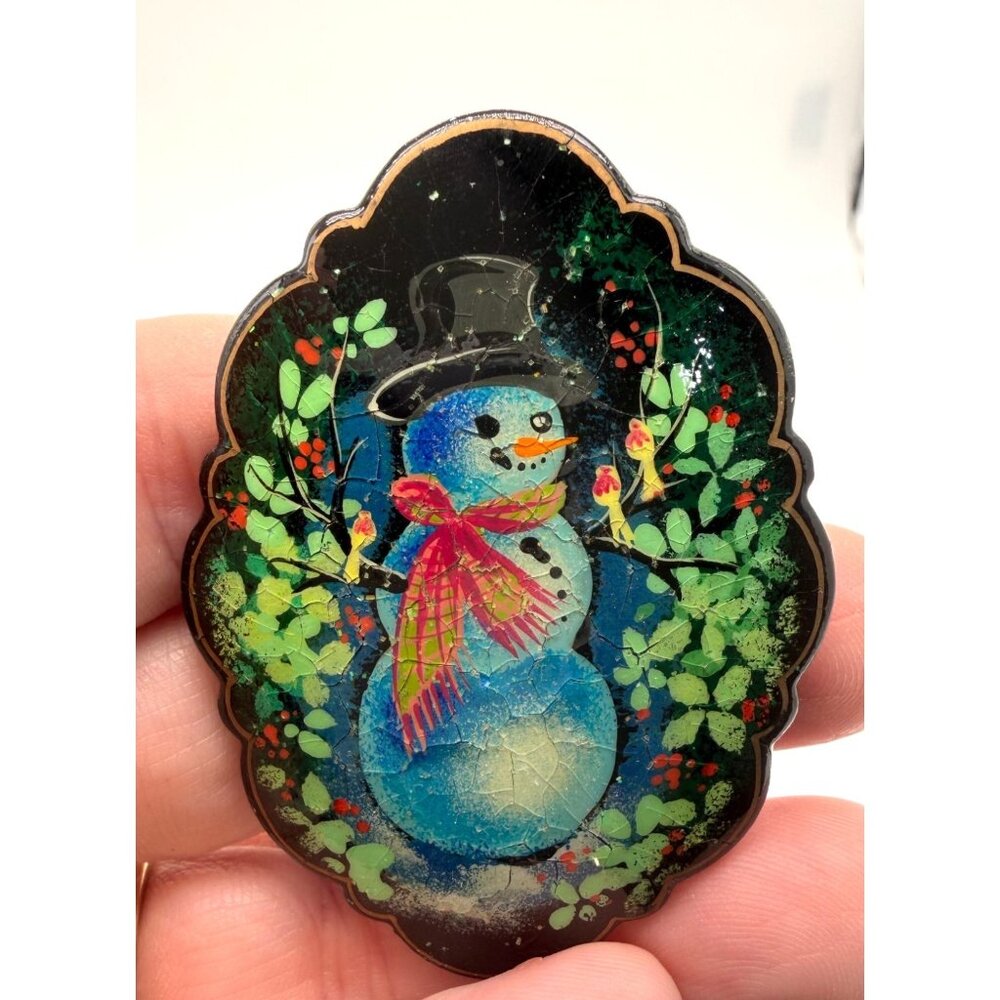 Vintage Hand Painted Black Lacquer Snowman Christmas Brooch Signed